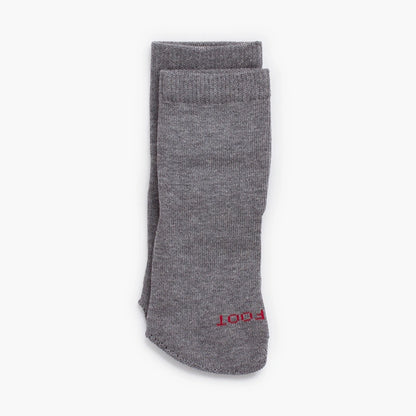 Pair of gray socks with a red logo on a white background