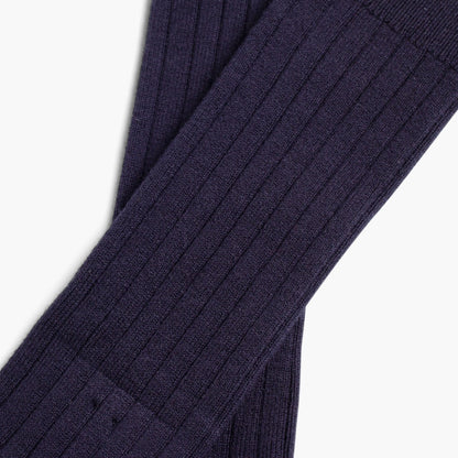 Close-up of a navy blue ribbed sweater on a white background