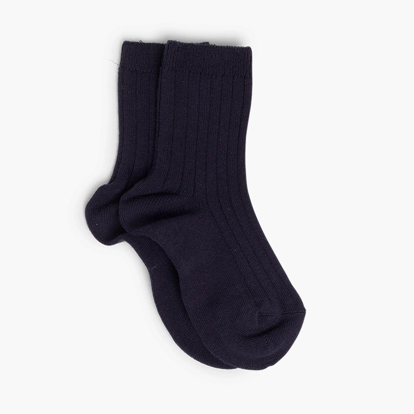 Pair of navy blue socks on a white background