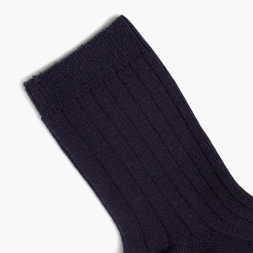 Close-up of a navy blue sock on a white background