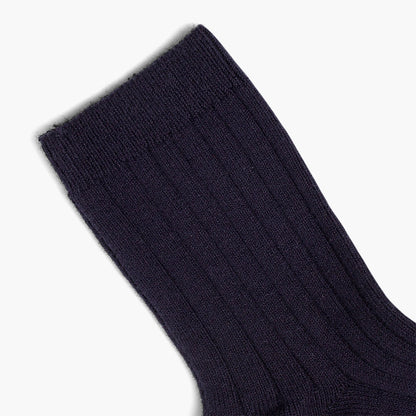 Close-up of a navy blue sock on a white background