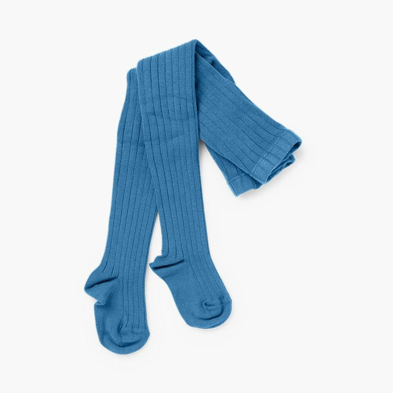 Pair of french blue ribbed tights on a white background