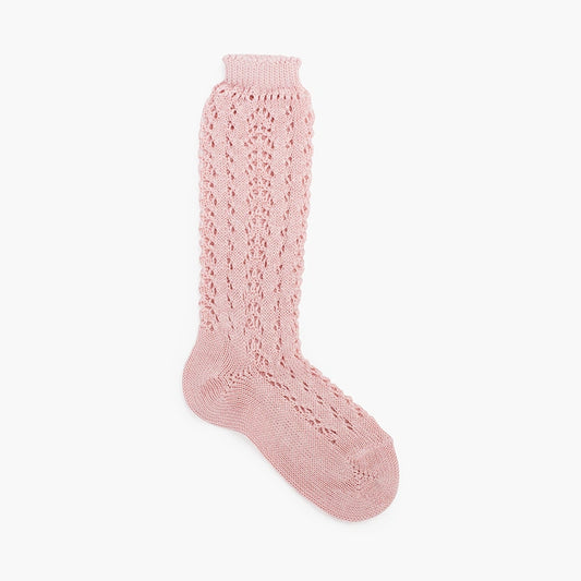 Pink knitted sock on a white background