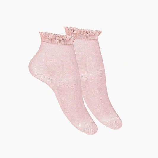 Pair of light pink socks with lace top on a white background