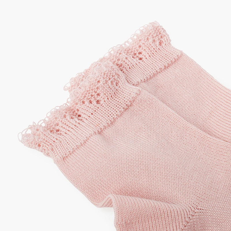 Close-up of pink baby socks with lace trim on a white background