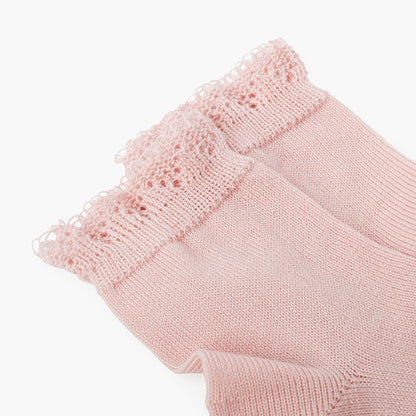 Close-up of pink baby socks with lace trim on a white background